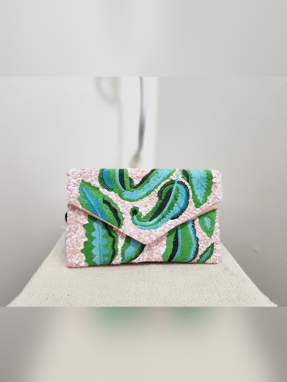 Pink Embroidered Envelope Clutch with Green Wave Motif!